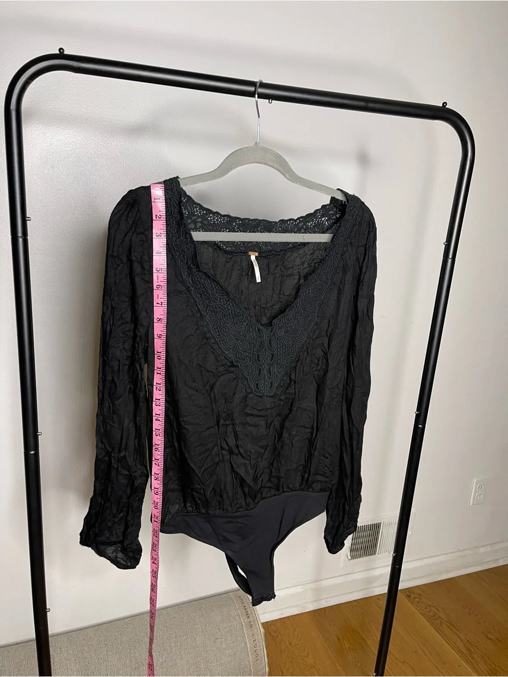 Free People Black Lace-Trim Long Sleeve Bodysuit